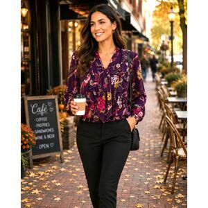 NY & Company S Purple Floral Ruffle Tie Neck Blouse Elastic Hem Long Sleeve #17